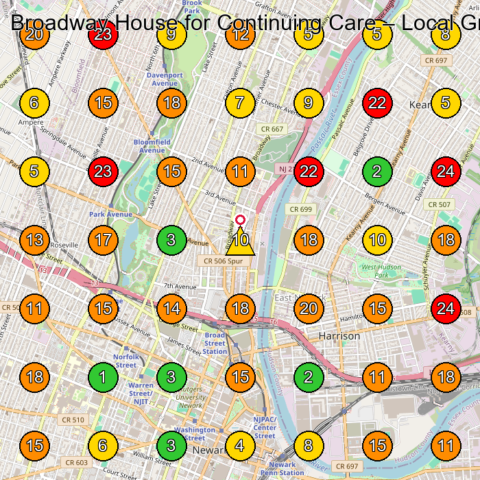 Broadway House for Continuing Care Nursing Home GeoGrid ranking map for Newark NJ